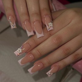 TULOBI Pink French Press on Nails Square 3D Flower Fake Nails Glossy Rhinestone False Nail Long Bling Artificial Nails Finger Manicure for Women and Girls 24Pcs/Set