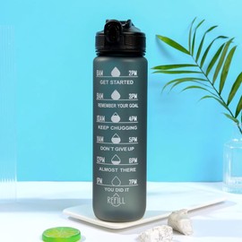 1 Litre Motivational Fitness Sport Water Bottle with Straw & Time Marker, Guaranteed Leak-Proof Design, BPA-Free Plastic Drink Bottle, Designed for Gym, Running, Cycling - Black