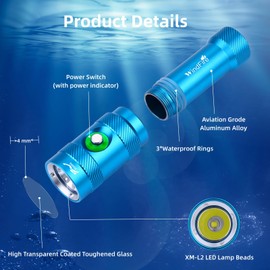 WINDFIRE Superhelle Tauchtaschenlampe mit 3 Modi und Betriebsanzeige, IP68 wasserdichte, wiederaufladbare Unterwasser-Taschenlampe zum Tauchen, Schnorcheln und für Unterwasser-Erkundungen