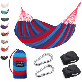 Gold Armour Brazilian Style Hammock with Tree Straps for Hanging - Durable Portable Single/Double Hammock for Camping, Outdoor, Indoor, Patio, Backyard (Blue & Red Stripe)