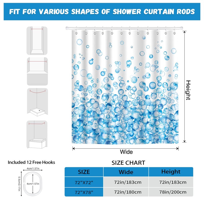 Modern Blue Ombre Bubble Shower Curtain with 12 Hooks 72X72Inch
