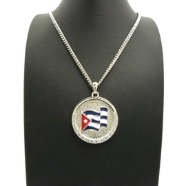 NYFASHION101 Stone Stud Cuba Waving Flag Medal w/ 3mm 24" Cuban Chain Necklace, Silver-Tone
