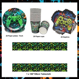 Doyomtoy Game Party Decoration 61 Pieces Gaming Party Accessories Tableware Set, Plates, Cups Napkins, Tablecloth, Children's Party Set, Serves 20 Guests for Table Decoration, for Game Lovers