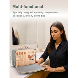 COOSKY Women's Hanging Toiletry Bag, Waterproof Travel Cosmetic Organizer with Jewelry Storage, Large Capacity Makeup Case for Full-Size Skincare & Bathroom Essentials, Portable Cosmetic kit, Grey