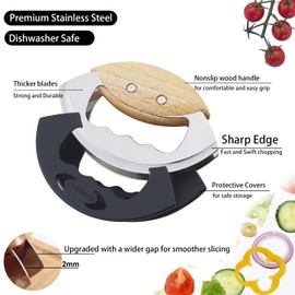 Jawanfu Mezzaluna Salad Chopper Tools with Protective Cover, Super Sharp Handheld Double Blade Chopping Knife, Stainless Steel Rocker Knife for Salad, Vegetable Mincing