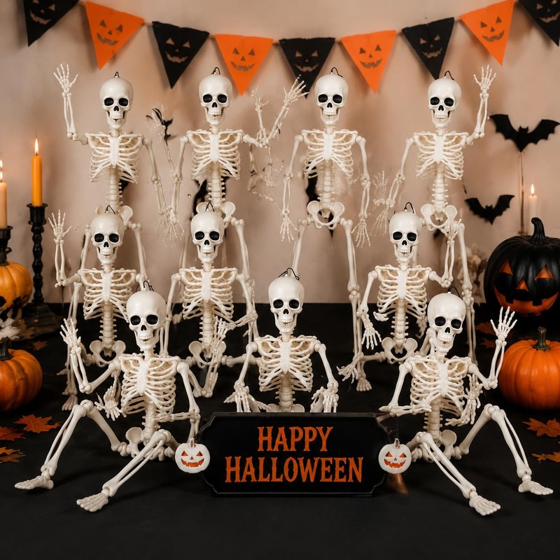 Halloween Skeletons Decorations, 10 Pack 16" Plastic Posable Skeleton, Small