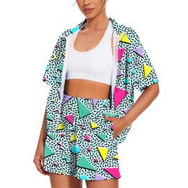 UOUA Women's 80s Color Block Outfits 2 Piece Tracksuit 90s Party Costume Summer Zip Up Windbreaker & Short Sets, Whiteprint, Large