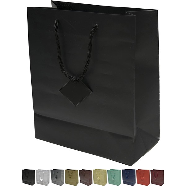 Novel Box® Black Matte Laminated Euro Tote Paper Gift Bag Bundle 8"X4"X10" (10 Count) + NB Cleaning Cloth
