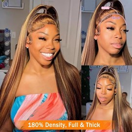 24 Inch Ombre Highlight 13x4 Lace Front Wigs Human Hair 180% Density Pre Plucked 13x4 HD Straight Lace Frontal Wigs Human Hair #4/27 Colored Honey Blonde Glueless Wig for Women