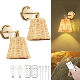 Frideko Rattan Rechargeable Battery Operated Wall Sconces Set of Two with Remote, 3 Colors Dimmable Wireless Wall Light, 5200mAh Indoor Wall Lamp with 4 Timer, Boho Sconces Wall Lighting for Bedroom