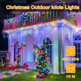 Ollny Icicle Outdoor Christmas Lights, 10M 400LED Waterproof Hanging Fairy Lights Multicoloured String Light, Plug/Remote/8 Modes/Timer/Connectable, Lighting Outside Gutter House Roof Xmas Decorations