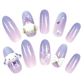 Sanrio Character Long Nail Tips, Cinnamoroll & Kogimiun Dolly Mix, Peelable 3D, 24 Pieces, Long Nails, Gradient, Stone, Nail Sticker, Stylish, Girls, Popular, Nails, Peelable, Children, Kids, Adults