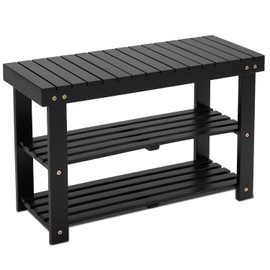 BEEFURNI Acacia Shoe Rack Bench, 3-Tier Sturdy Shoe Storage Bench, Wooden Footwear Organizer for Boots, 300 LBS Load Capacity, Perfect for Closet Entryway Bathroom, 1-Year Manufacturer Warranty, Black