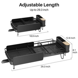SNTD Dish Drying Rack - Large Dish Racks for Kitchen Counter, Expandable Dish Drainers with Cutlery Holder Stainless Steel Rustproof, Black