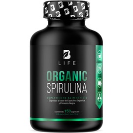 Espirulina Orgánica de 150 Cápsulas 500 mg. Ingredientes naturales: Alga Espirulina. Organic Spirulina B Life