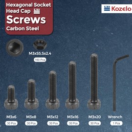 Kozelo 310pcs M3 Socket Head Cap Screws Bolts Nuts Assortment Kit - [M3x6/8/12/16/20mm] Alloy Steel Fully Threaded Black Oxide 12.9 Internal Hex Screw for 3D Printer Use, with Wrench