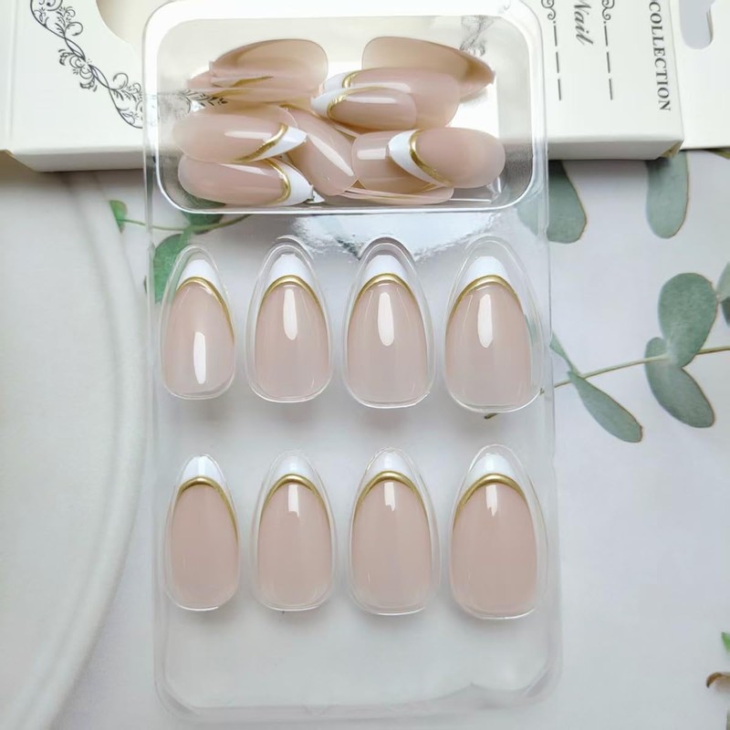 24Pcs Almond Press on Nails Medium French Tip Fake Nails