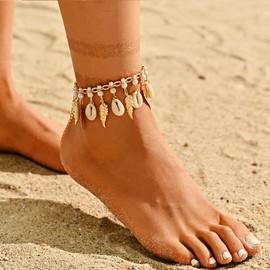 Zoestar Boho Shell Anklets Gold Leaf Ankle Bracelets Pearl Beach Anklet for Women, Shell, Leaf, Pearl