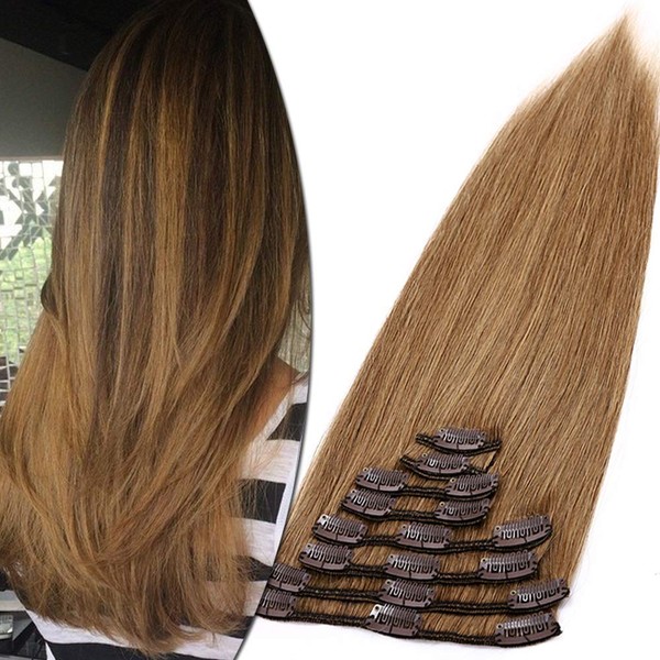 Clip-In Real Hair Extensions, 8 Wefts, Heat-Resistant Straight Hairpieces, Light Brown #6-1, 56 cm (110 g)