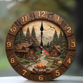 Rustic Cabin Mountain Scene Wall Clock Wood Log Cabin Home Decor 10-Inch Wooden Wall Clock, Silent Movement, Battery Operated (AA Batteries Not Included), Artistic Home Decor, Perfect for Home Accents