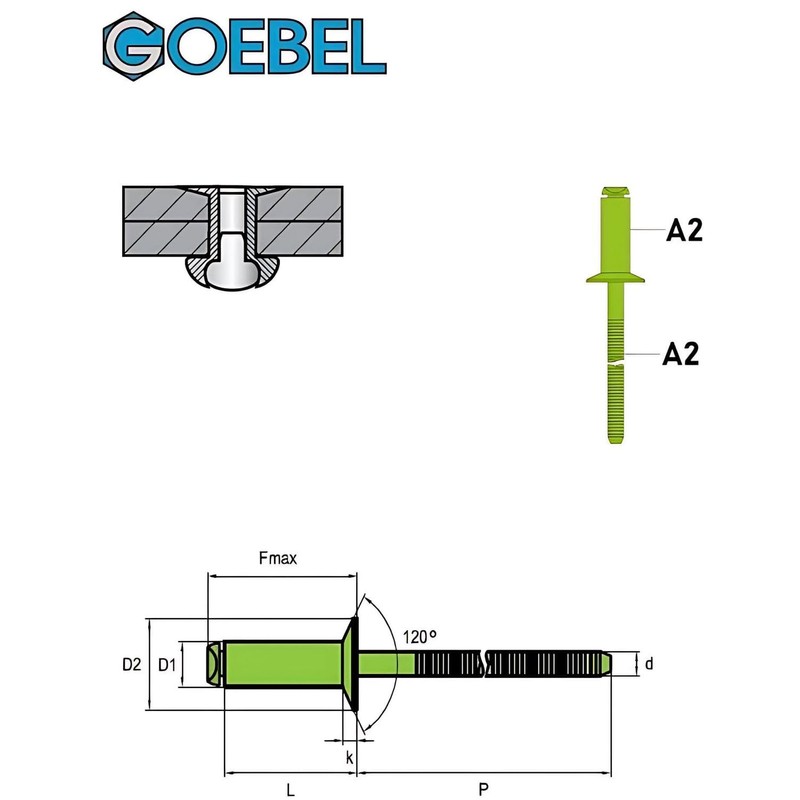 GOEBEL® - 1000 x countersunk rivets with grooved rivet mandrel