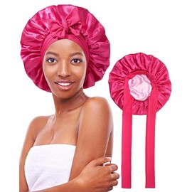 AWAYTR Satin Bonnet Silk Like Bonnets for Sleeping Sleep Cap Double Layer Haircare Bonnet with Elastic Tie Band for Curly Hair Night Cap Pink:_Rose Red