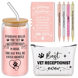 Skylety 7 Pcs Veterinary Receptionist Gifts Set 16oz Glass Tumbler Makeup Bag Ballpoint Pens Vet Tech Receptionist Week Thank You Gift for Vet Secretary Front Office Desk Vet Assistant