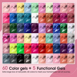 ROSALIND 65PCS Gel Nail Polish Set, 60 Colors Gel Nail Set with Glossy & Matte Top Base Coat Soak off All Seasons Collection Gifts for Women