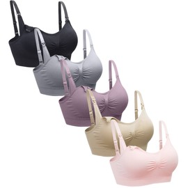 Suekaphin 5PACK Nursing Bra Wireless Bra Women's Sleeping Maternity Bra Breastfeeding Bra,Large Plus,Black/Nude/Purplebean/SoftPink/Gray