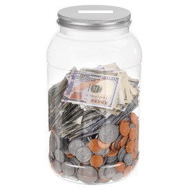 Yamahiko Large Clear Coin Bank Jar with Slotted Lid, One Gallon Plastic Money Tip Change Savings Coin Jar for Coin or Raffle Ticket, Big Money Coin Tip Piggy Change Bank Box for Adults Teens, Silver