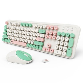Wireless Keyboard and Mouse Combo, 2.4GHz Colorful Cute Round Keycaps Keyboard for Office Computer PC Desktops Laptop (104 Keys Light Green)