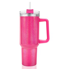 QDXMD - Vaso de 40 onzas con asa y tapa de popote, aislamiento al aspiradora, a prueba de fugas, de acero inoxidable de doble pared, con purpurina, mantiene el hielo frío y el calor durante horas