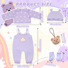 Baby Doll Clothes for 20-22 Inch Dolls, 5 Packs Purple Baby Doll Outfits Dress mit 1 Top + 1 Little Bear Overalls + 1 Hat + 1 Socks + 1 Pendant, Sweet Large Girl Doll Clothing, as Gift for Girls
