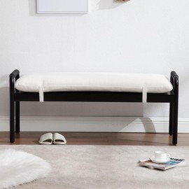 LukeAlon Rustic Linen Entryway Bench, Upholstered Beige End of Bed Bench Shoe Bench with Armrests Retro Wooden Bedroom Ottoman Bench Footstool with Black Wood Legs for Entrance Cloakroom Hallway