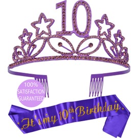 10th Birthday Gifts for Girl, 10th Birthday Tiara and Sash Purple, HAPPY 10th Birthday Party Supplies, It’s my 10th Birthday Satin Sash and Crystal Tiara Birthday Crown for 10th Birthday Party Supply