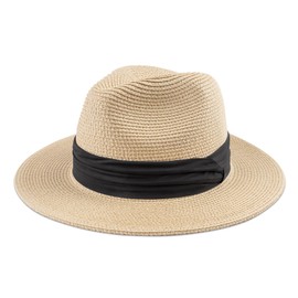 DRESHOW Women's Panama Hat with Wide Brim, Straw Summer Fedora, Straw Hat, Roll-Up Beach Hat, Rollable UV Sun Hat, UPF 50+