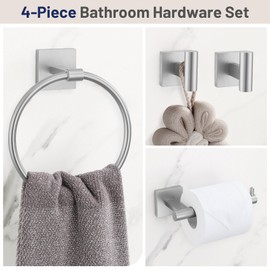 Towel Ring Set 4 Piece Bathroom Hardware Set Includes Towel Ring 2 Towel Hooks and Toilet Paper Holder Stainless Steel Wall Mounted (Brushed Nickel)