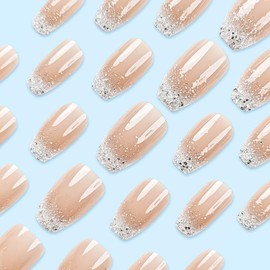 RUOKEXIN Coffin Press on Nails Medium Fake Nails White Ombre False Nails with Glitter Designs Medium Ballet Shaped Glue on Nails Glossy Artificial Nails Natural Stick on Nails for Women 24Pcs