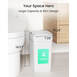 Cesun Bathroom Trash Can with Lid, 4 Gallon Motion Sensor Garbage Can Automatic Touchless Trash Cans, Slim Plastic Smart Waste Basket for Bedroom, Office, Living Room, White