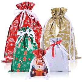 5pcs Christmas Drawstring Gift Wrapping Bags: 5 Different Designs and Sizes Christmas Wrapping Bags Festive Design Foil Gift Bags Goody Bags