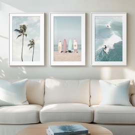 Framed Coastal Wall Art for Living Room, 3 Piece Beach Surfboard Palm Tree Artwork for Walls, Large Ocean Surfing Seascape Picture Prints, Beach Coastal Wall Decor for Bedroom Hallway Office, 16x24 In