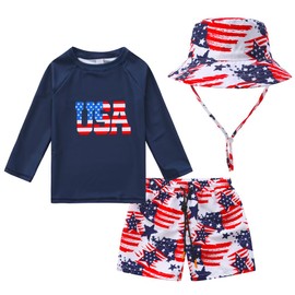 Toddlers and Baby Boys' 3-Piece Swimsuit Trunk and Rashguard Sun Hat Set (9-12 Months,American Flag)