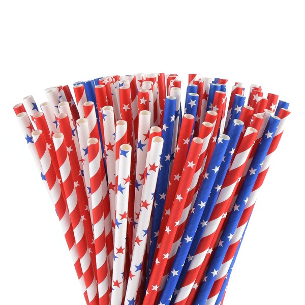 ALINK American Flag Red Blue White Paper Straws, 100 Stripe/Star Biodegradable Straws for Memorial Day /4th of July, Super Bowl, Patriotic Party, Americana Themed Party Celebration and Holiday
