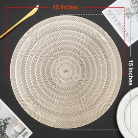 Crisjanggo Gold Metallic Placemats Set of 6, Pressed Vinyl Table Placemats Hollow Wipable Non Slip Decorative Round Placemat for Kitchen Tables Party Gathering Weddings Housewarming