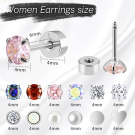 12 Pairs Hypoallergenic Flat Back Stud Earrings for Women, Titanium Silver Surgical Stainless Steel Earrings for Sensitive Ears Small Opal Cubic Zirconia Pearl Cartilage Earrings Jewelry Set