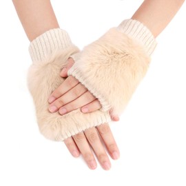 Women Ladies Cozy Faux Fur Winter Short Knitted Fingerless Thumbhole Gloves Thermal Wrist Mittens School Office Driving Typing Writing Fingerless Gloves Hand Warmer Beige