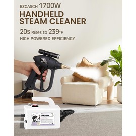 Ezcasch Steam Cleaner 1700W Pressurised Handheld Steam Cleaner 20s Rises to 239°F Deep Cleaning of Dirt and Grease with 3 types of nozzle brushes and 5L Water Bag for Home/Car Cleaning, White