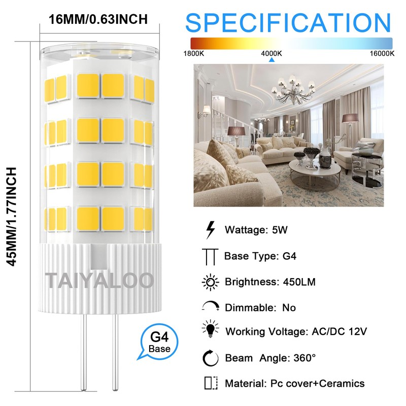 TAIYALOO G4 LED Bulb 5W 4000K Natural White 12V AC/DC