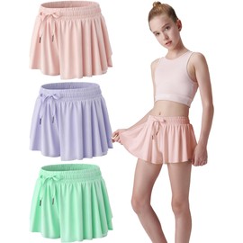 3 Pack Girls Flowy Shorts with Spandex Liner 2-in-1 Youth Butterfly Skirts for Fitness, Running, Sports (Set 9, Youth Small)
