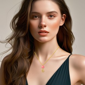 Tobestu Watermelon Stone Rose Christian Inspirational Necklace - Gold Plated Hexagonal Pressed Flower Mustard Seed Pendant Necklaces for Women YA5051